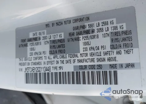 2016 Mazda Cx-9 Sport из США, поврежденный, VIN JM3TCABY2G0110448